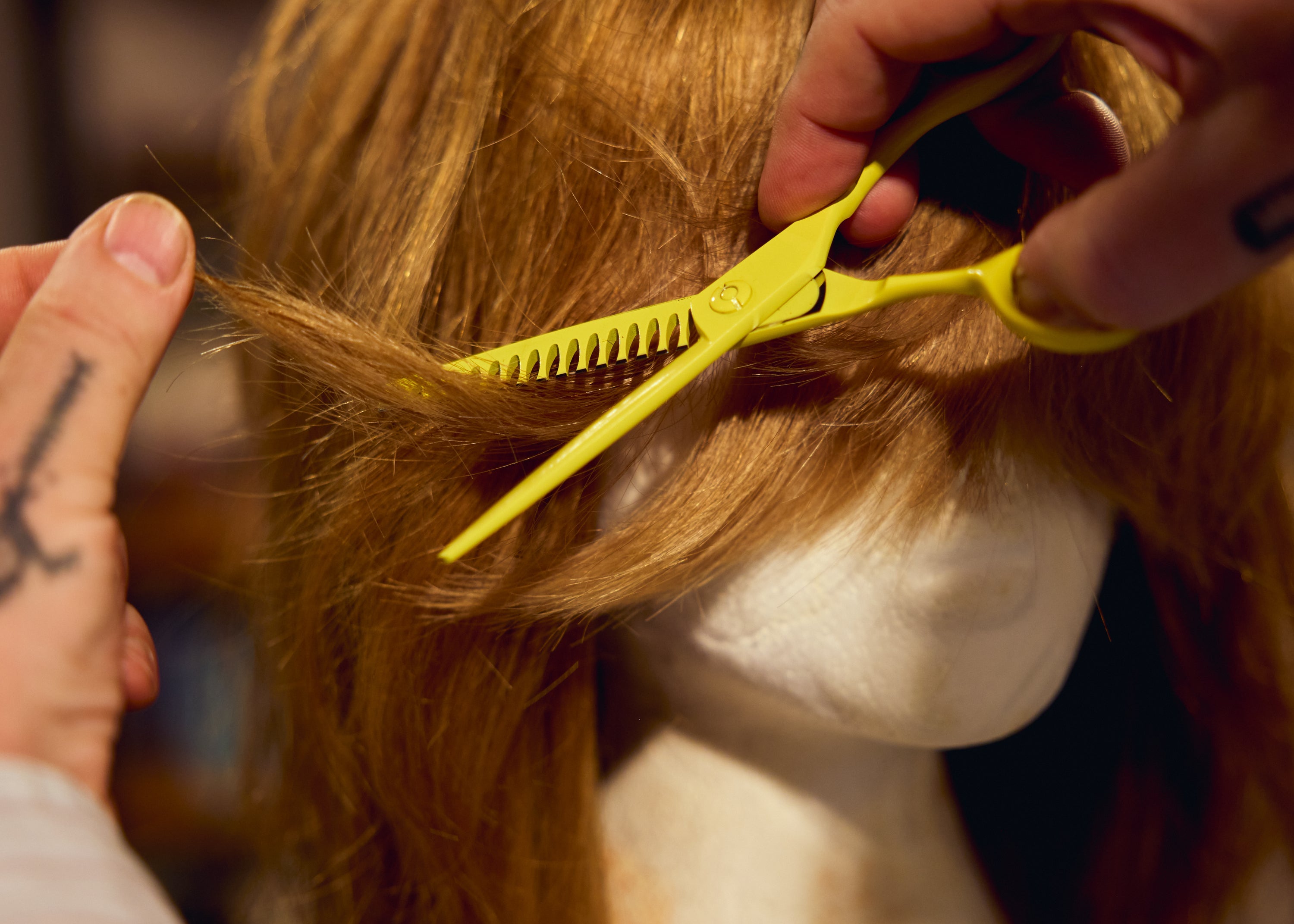 Leaf Yellow Shatter Shear creating soft separation through the hair